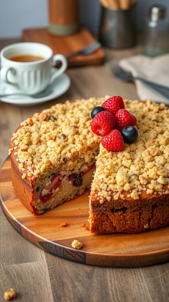 A slice of crumble cake with a golden topping and fresh berries on a wooden table.